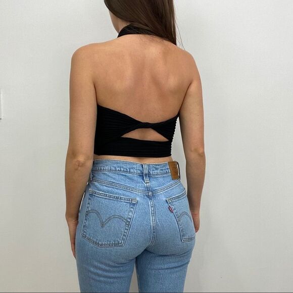 NWT Anthropologie Black Rib Knit Halter Crop Top - Picture 4 of 11